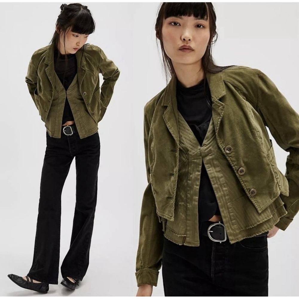 Free People Orly Cord Heritage Jacket Olive Green Twofer Blazer Medium Grunge